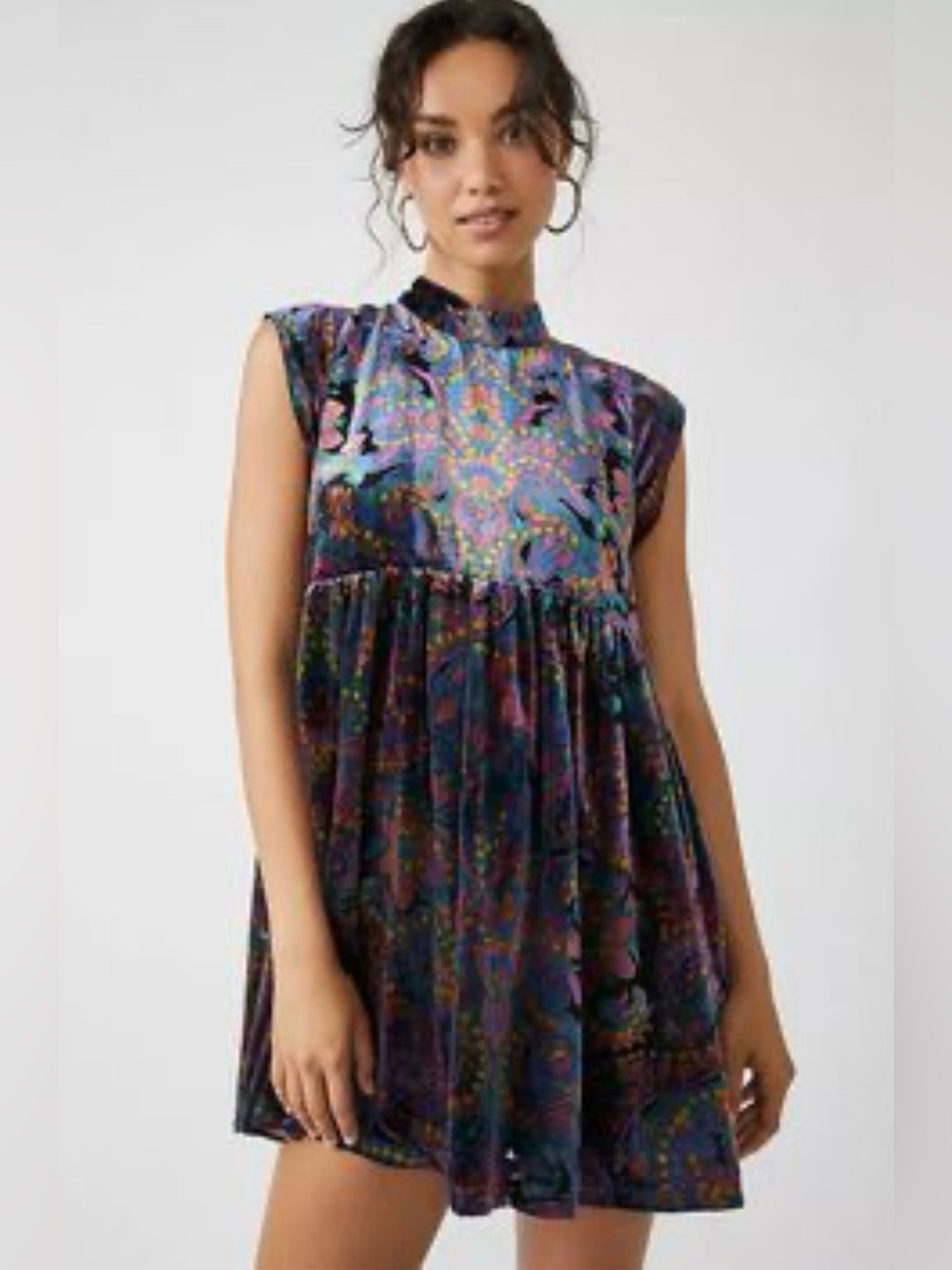 Free People All The Time Velvet Mini Dress Babydoll Multicolor Burnout Womens M